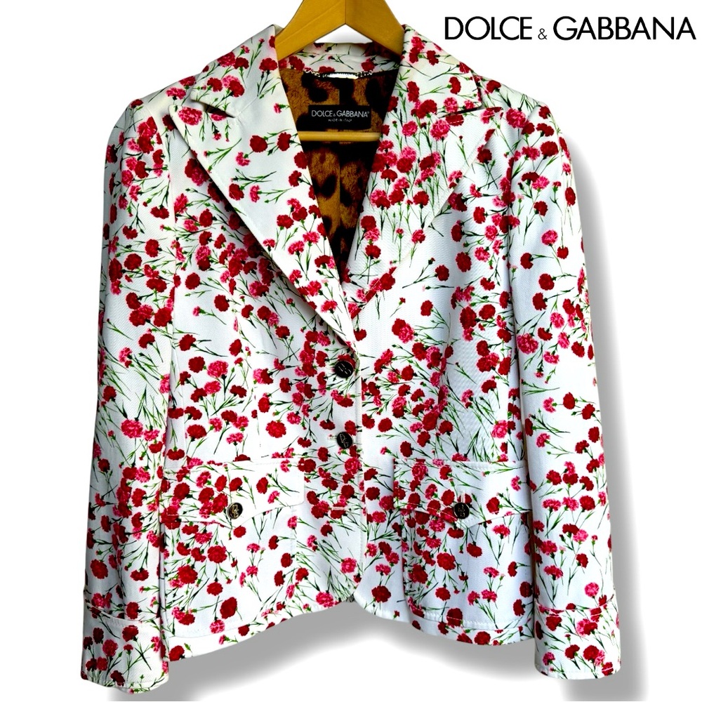 Dolce & Gabbana Blazer Floral Red Carnation Rose Jacket Cotton Luxury | Sz EU 42